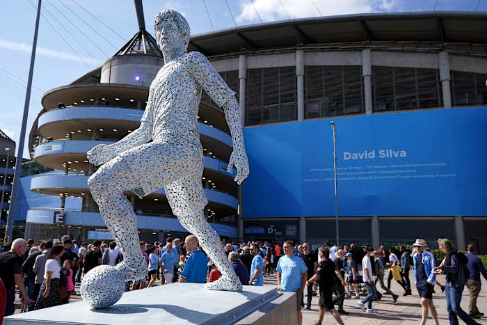 A statue celebrating the Manchester City career of David Silva pictured outside the Etihad Stadium after being unveiled in August 2021